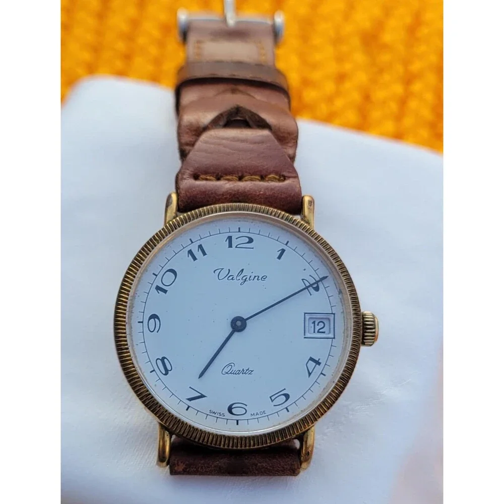 VTG Valgine Swiss Quartz Watch Gold Tone Brown Braid Leather Heritage Americana